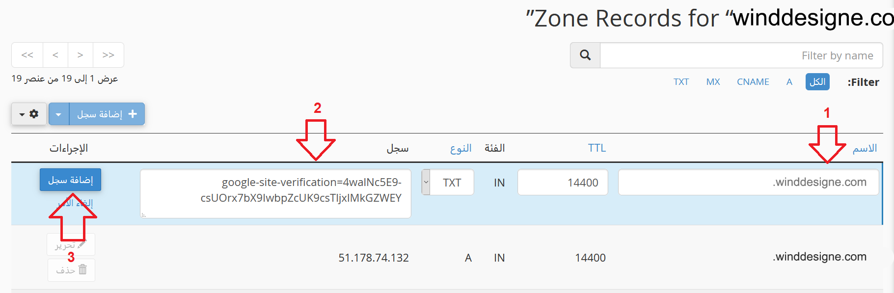 إدخال بيانات سجل TXT للتحقق